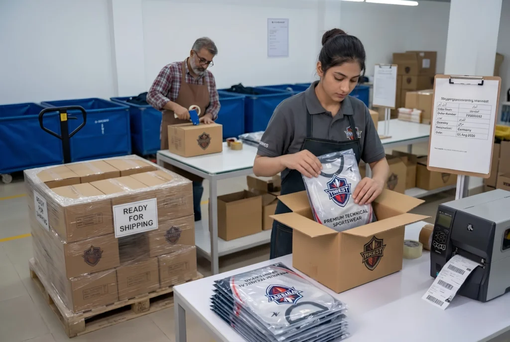 Packing section, branded poly bags and carton boxes ready for shipping