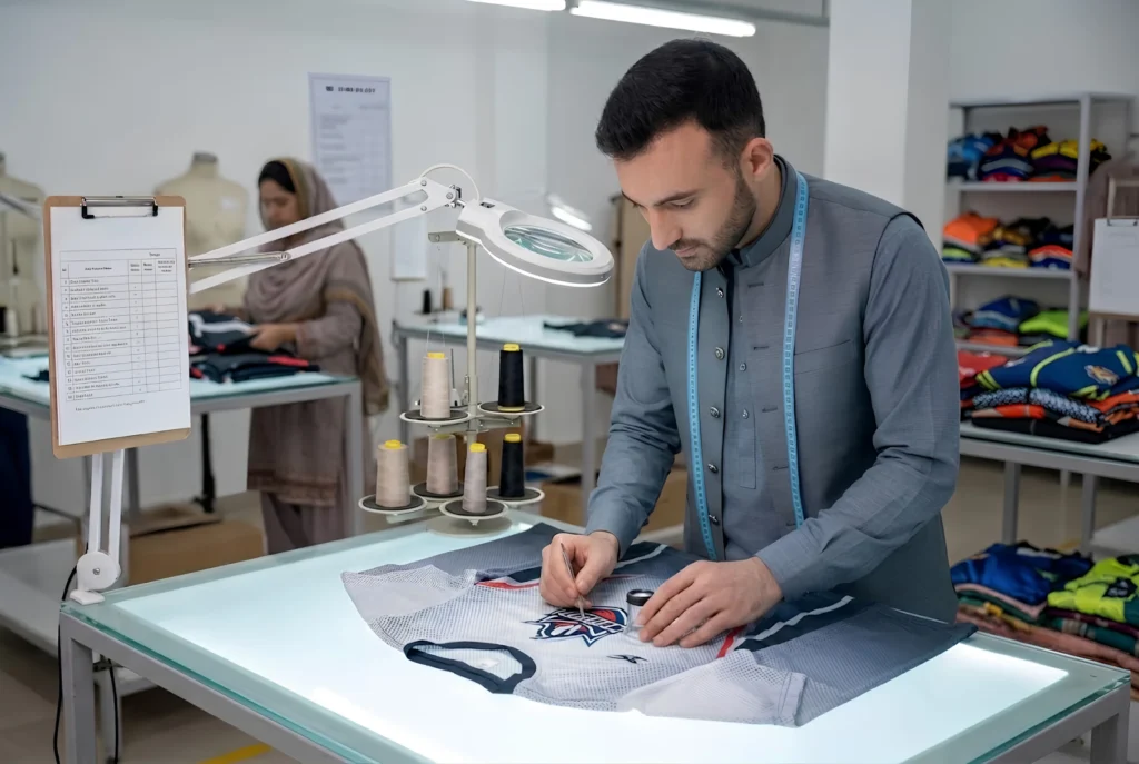 QC inspection area, worker checking garment on light table