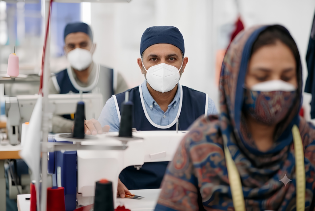 Stitching line, 20+ sewing stations with workers in production