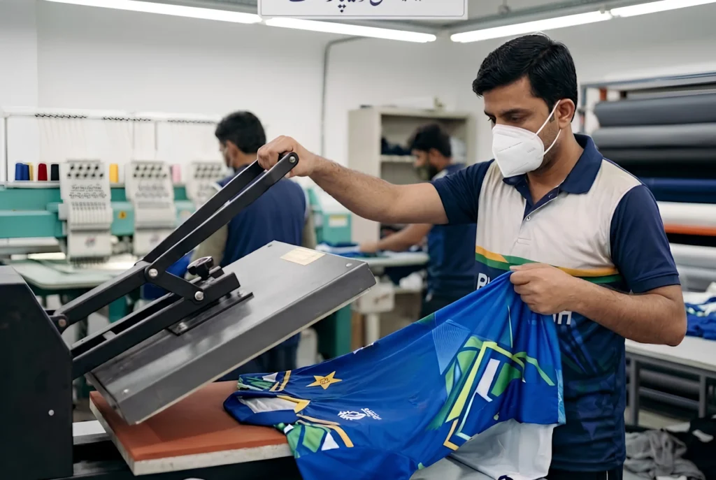 Sublimation department, heat press operator with printed garment