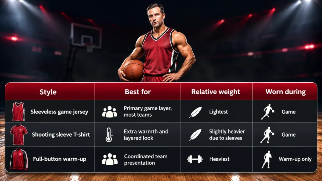 Basketball jersey style comparison infographic showing sleeveless game jersey, shooting sleeve T-shirt, and full-button warm-up for RIJIZ Sports