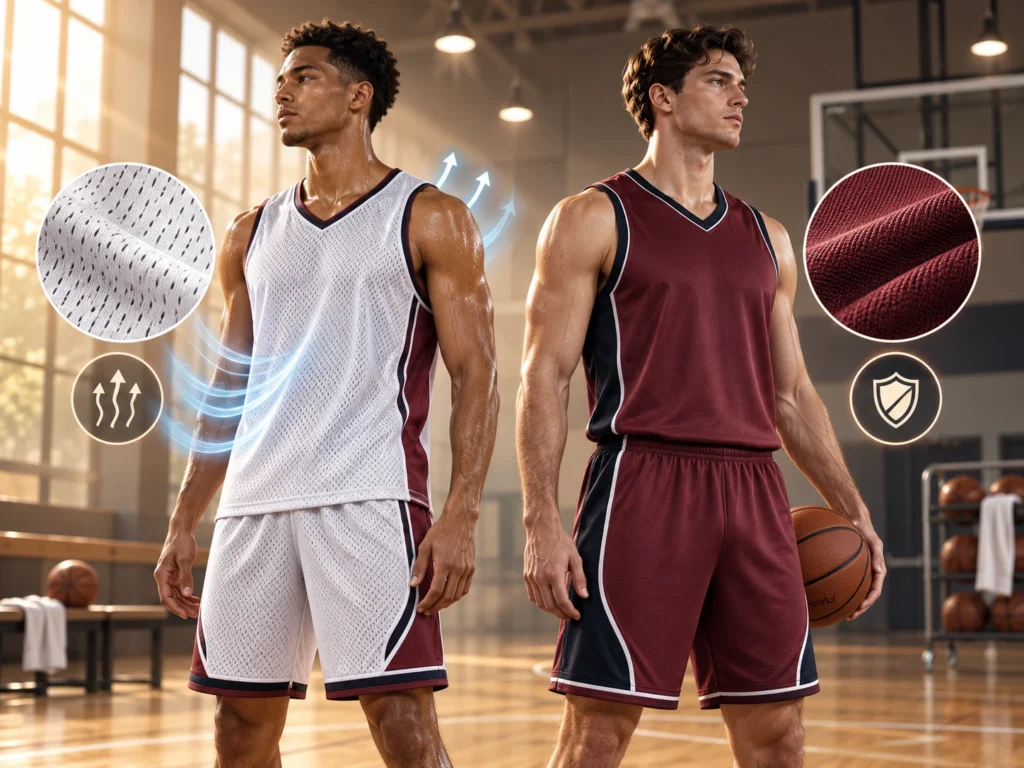 Basketball players wearing lightweight breathable and heavier durable jerseys in an indoor gym for RIJIZ SportsBasketball players wearing lightweight breathable and heavier durable jerseys in an indoor gym for RIJIZ Sports